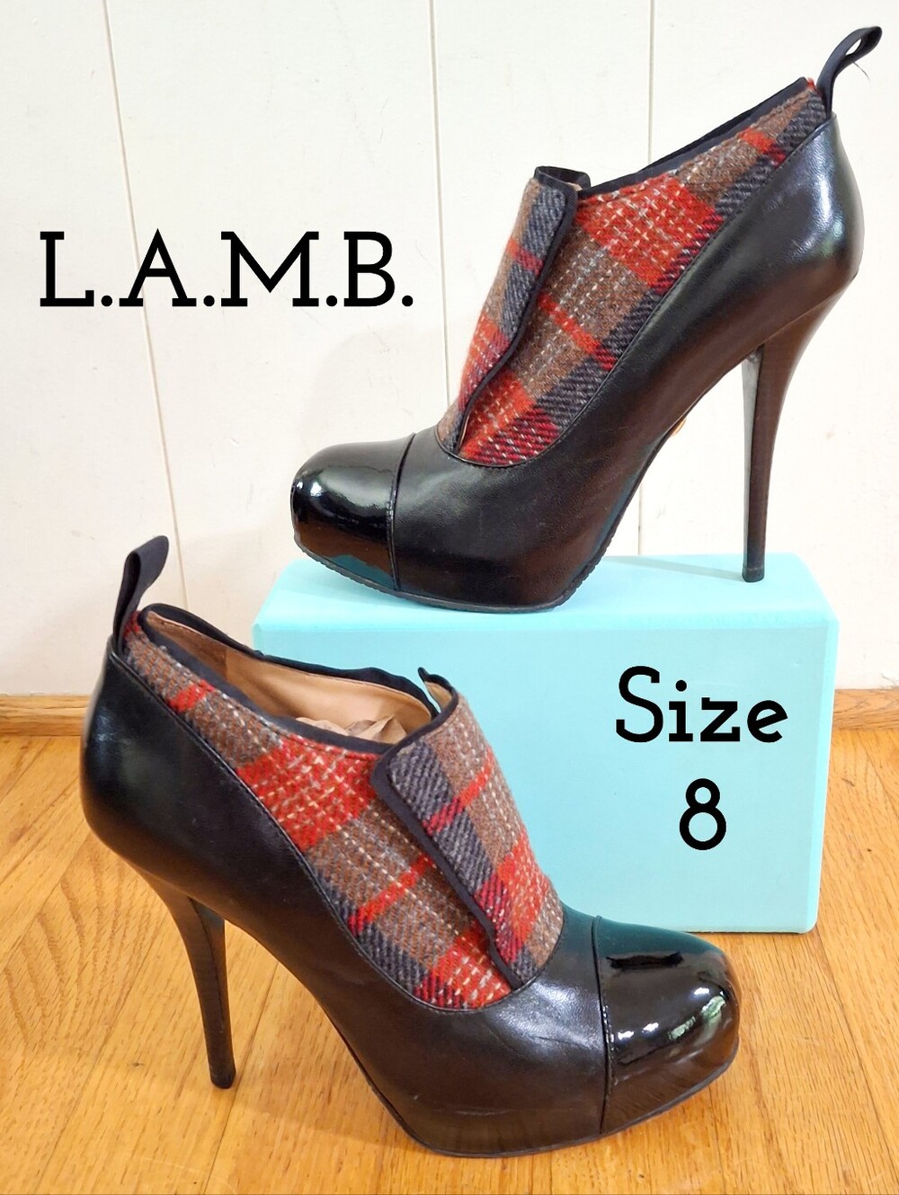 L.A.M.B. Size 8 Essex Platform Stiletto Booties Plaid and Black Leather